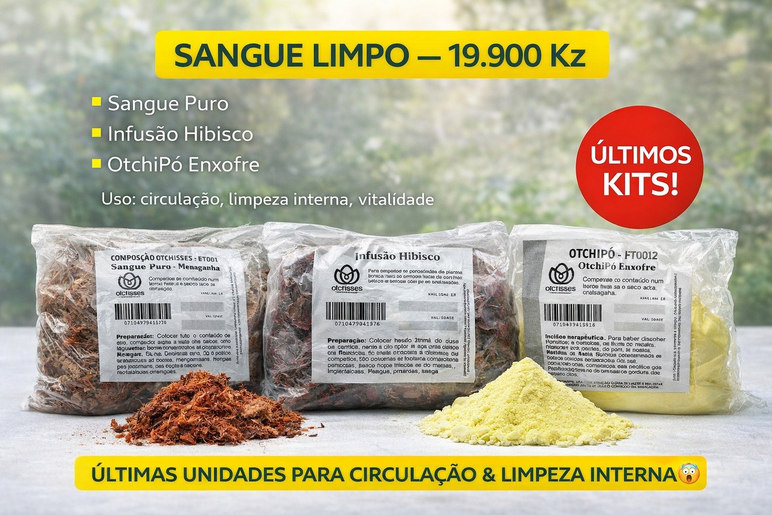 combo sangue limpo 🔥 SANGUE LIMPO — 19.900 Kz Sentes: – peso no corpo? – má circulação? – cansaço sem explicação? 👉 O Combo Sangue Limpo é uma opção natural muito procurada para limpeza interna, circulação e vitalidade. ✔ Uso simples ✔ Abordagem natural ✔ Resultados muito procurados ⚠️ Últimas unidades disponíveis 💬 Escreve EU QUERO e falamos em privado.